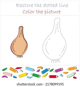 Zwiebel. Gemüse. Erziehungsspiel für Vorschulen "Trace and color". Vektorgrafik für Kinder, EPS