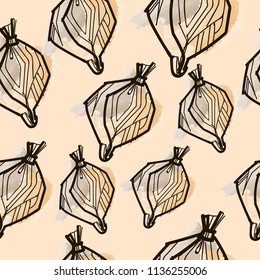 Onion watercolor seamless pattern.Vector Design. Hand draw pattern. Organic food. Vegan.