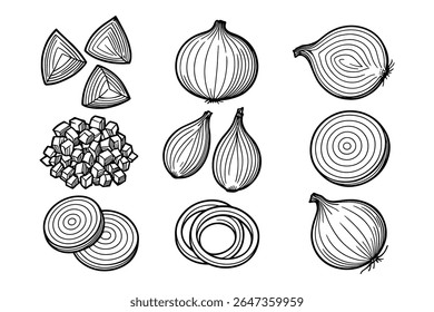 Onion Whole, Halved, Sliced, Diced Black and White Vector Illustration