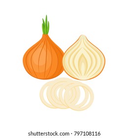 onion whole and slices isolated on white background. Vector illustration. ingredients for cooking.
