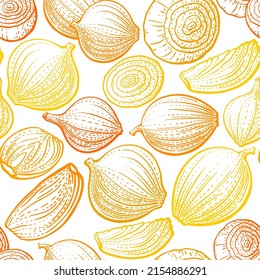 Bombilla amarilla de cebolla. Patrón transparente de textura vectorial. Dibujar ilustración en fondo blanco. Cosecha agrícola, alimentos para aroma