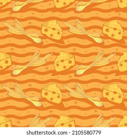 Onions and Cheese. Seamless pattern on an orange background. Cute vector illustration.