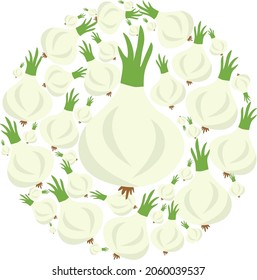 Onions in circle. Vector flat design template. Background of food, farm, gardening or horticulture.