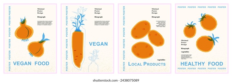 Onions, daikon radish, potatoes, tomatoes. Set of posters to illustrate vegan and healthy food. Collection of vintage risographic prints.