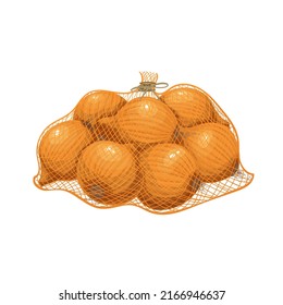 Onions packed in net bag, vector illustration. Harvest of onion vegetables, farm product.