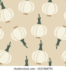 Fondo del patrón de las cebollas. Productos de granja en beige. Ilustración vectorial para papel pintado, textil, diseño.