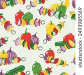 Onions, Peppers, Squash, and Zucchini as Vegetable Kabobs Ready to Grill creating a seamless pattern print background