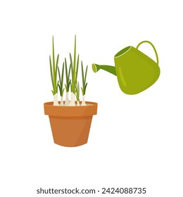 onions in a pot, scissors and watering. Home growing concept in cartoon style for card, print, sticker, postcard. 