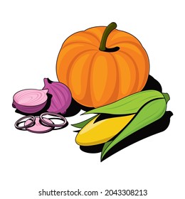 Onions, pumpkin, corn. Vector 3d sketch line isometric, color icon illustration, flat style. Creative design idea and elements for infographics and website.