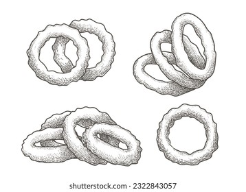 Las cebollas suenan fichas. Esbozo de grabado de cebolla de ralentí, plato tradicional, bocadillo de cocina salada frita grabado a mano aislado dibujo vectorial ilustración