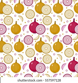 Onions seamless pattern. Bulb onion endless background, texture. Vegetable background. Vector illustration