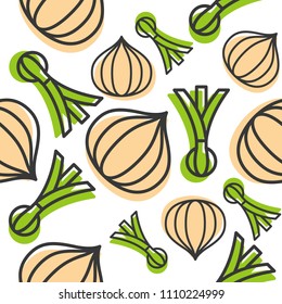 Onions and spring onion Seamless pattern outline vegetable set, for use as wrapping paper gift, wallpaper or background