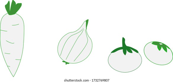 cebolla, tomates, zanahorias. el tema de los veganos. aislado en un fondo blanco.vector.