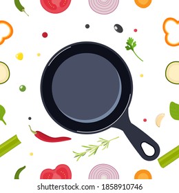onions, tomatoes, garlic, corn, chili peppers, radishes, peas, olives, olives, Basil, frying pan. Healthy food, vegetarianism, low-calorie food, vegetables, concept. vector seamless pattern background