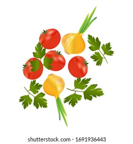 Onions, tomatoes and parsley. Fresh natural vegetables for your health
