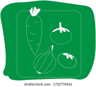 onions, tomatoes,carrots, vegan theme.on a green background. leaflet, poster, advertisement. vector.
