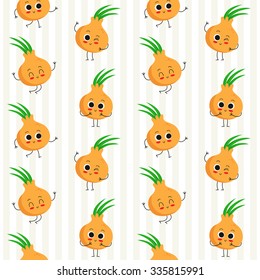 Onions, vector seamless pattern with cute vegetable characters on stripy background