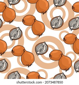 Onions whole and half seamless pattern, cooking bulbs and orange circles on white background vector illustration