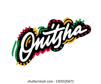 ONITSHA Word Text Creative Handwritten Font and Swoosh Shape Design Vector Illustration.