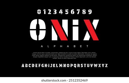 Onix creative modern geometric urban alphabet font. Digital abstract futuristic, game, techno, robot, music, logo, sport, minimal technology typography. Simple numeric vector illustration