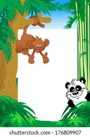 onkey and panda on background white frame for text and jungle. 