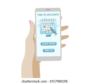 Onlaine appointment for vaccination. Female hand hold telephone, calendar, syringe, bottle with vaccine, text. Vector illustration in cartoon style.