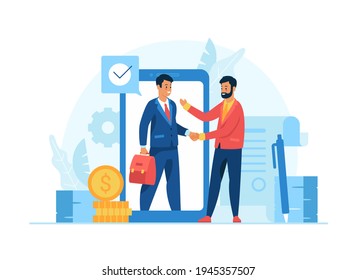 Onlin ebusiness partnership. Two male cartoon characters businessmen shaking hands making business deal. Business management remotely. Flat vector illustration