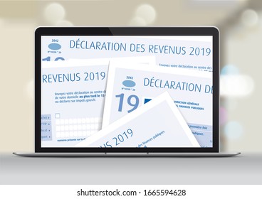 Online 2019 Income Tax Return in France. The blue sheet is a false french income tax return. Déclaration de Revenus means Income tax return.