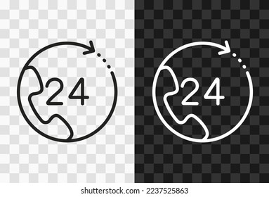 Online 24, qualitativ hochwertiges Vektorsymbol für bearbeitbare Linien. Umrisssymbol für Online 24 Umrisse einzeln auf dunkel und helltransparentem Hintergrund für UI-Design.