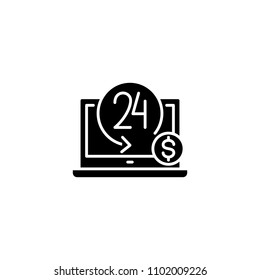 Online 24h shop black icon concept. Online 24h shop flat  vector symbol, sign, illustration.