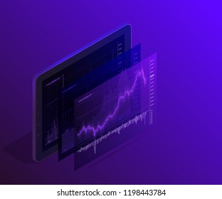 Online 3d isometry statistics data Analytics. Digital money market, investment, finance trading. Perfect web design, banner presentation. Isometric vector illustration. Forex market trading 3d phone