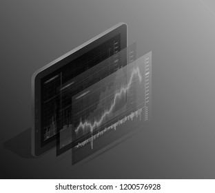 Online 3d isometry statistics data Analytics. Digital money market, investment, finance trading. Perfect web design, banner presentation. Isometric vector illustration. Forex market trading 3d phone