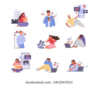 online abuse. harassment depressed unhappy network cyberbulled web internet social networks cyber bullying, online haters, characters concept. vector cartoon flat charcters collection.