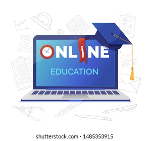 Online academic education banner flat vector template. Open laptop with typography on screen. Elearning, Internet courses, university and school distant program. Graduation cap illustration