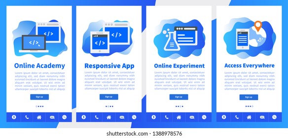 Online academy or online education apps simple user interface UX, UI screen template for mobile smart phone or responsive web site. School Academy theme.