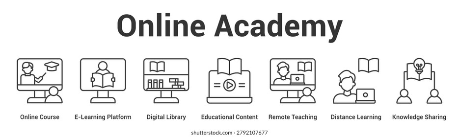 Online Academy web banner icon vector illustration concept for business with icon of Online Course, E-Learning Platform, Digital Library, Educational Content, Remote Teaching, Distance Learning,.