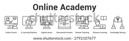 Online Academy web banner icon vector illustration concept for business with icon of Online Course, E-Learning Platform, Digital Library, Educational Content, Remote Teaching, Distance Learning,.