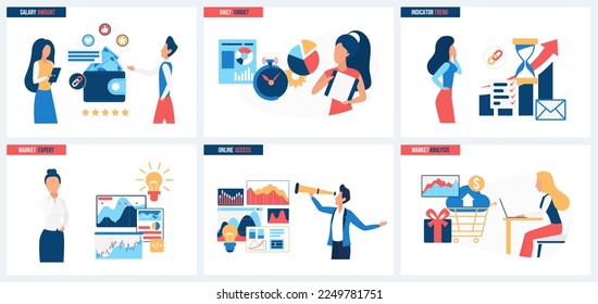 El acceso en línea al análisis de mercado de expertos, los objetivos diarios, los indicadores de tendencia establecen ilustraciones vectoriales. Las personas diminutas de dibujos animados trabajan con telescopio, consultan sobre la visión empresarial, gráficos circulares de investigación y diagramas