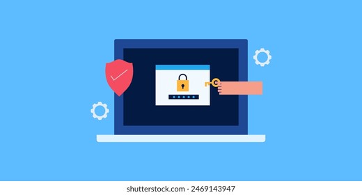 Online account password protection, Secure user data, Customer data security. Software protecting confidential information - vector illustration with icons