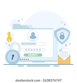 Online account registration and access concept. Protection of profiles and accounts on the internet. Logging into a profile or account. Identity verification and security. Flat design illustration.