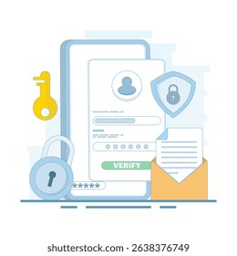 Online account registration and access concept. Protection of profiles and accounts on the internet. Logging into a profile or account. Identity verification and security. Flat design illustration.