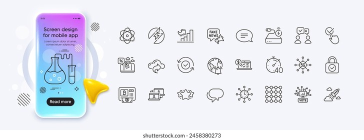 Online accounting, 5g technology and Fake news line icons for web app. Phone mockup gradient screen. Pack of Timer, People voting, Online voting pictogram icons. Vector
