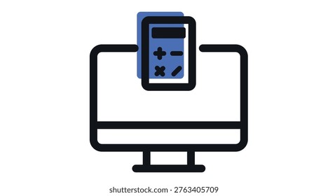 Online accounting and financial calculation icon: desktop computer with calculator, fintech blue offset fill and black line vector illustration.