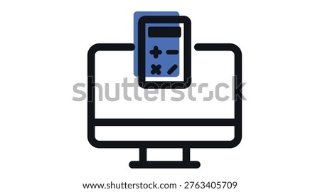 Online accounting and financial calculation icon: desktop computer with calculator, fintech blue offset fill and black line vector illustration.