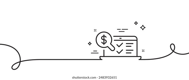 Online accounting line icon. Continuous one line with curl. Audit sign. Check finance symbol. Online accounting single outline ribbon. Loop curve pattern. Vector