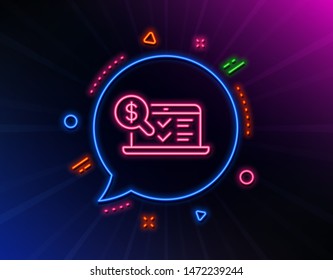 Online accounting line icon. Neon laser lights. Audit sign. Check finance symbol. Glow laser speech bubble. Neon lights chat bubble. Banner badge with online accounting icon. Vector