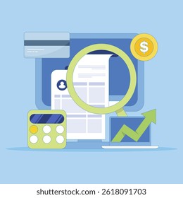 Concepto de software de contabilidad en línea, contabilidad digital, gestión de patrimonio, cálculo de impuestos, crecimiento financiero, informes bancarios. Fondo de Ilustración vectorial con iconos