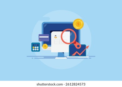 Online accounting software, Digital accounting, Wealth management, Tax calculation, Financial growth, Banking statement - vector illustration background with icons