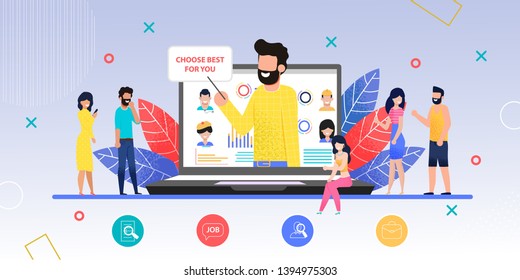 Online Acquaintance Exhibition Flat Cartoon Vector. Man on Monitor Propose Do Best Choice. Unfamiliar Men and Women Couples Become Friends Using Phones and at Meeting. Dating Agency Illustration
