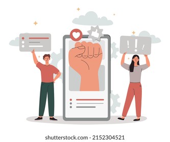 Online activism concept. People defend their rights, digital world, promotion of socially important points of view on Internet. Shaping peoples opinions, politics. Cartoon flat vector illustration